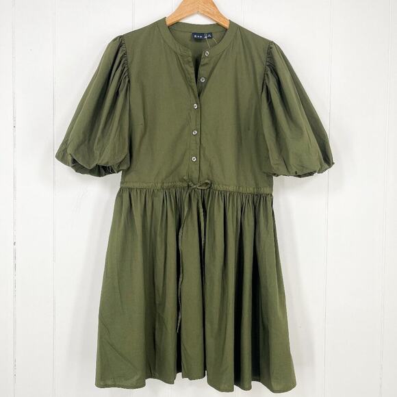 Gap Bubble Sleeve Cotton Poplin Dress Cinch Waist Button Front Size Medium Green - Picture 1 of 15